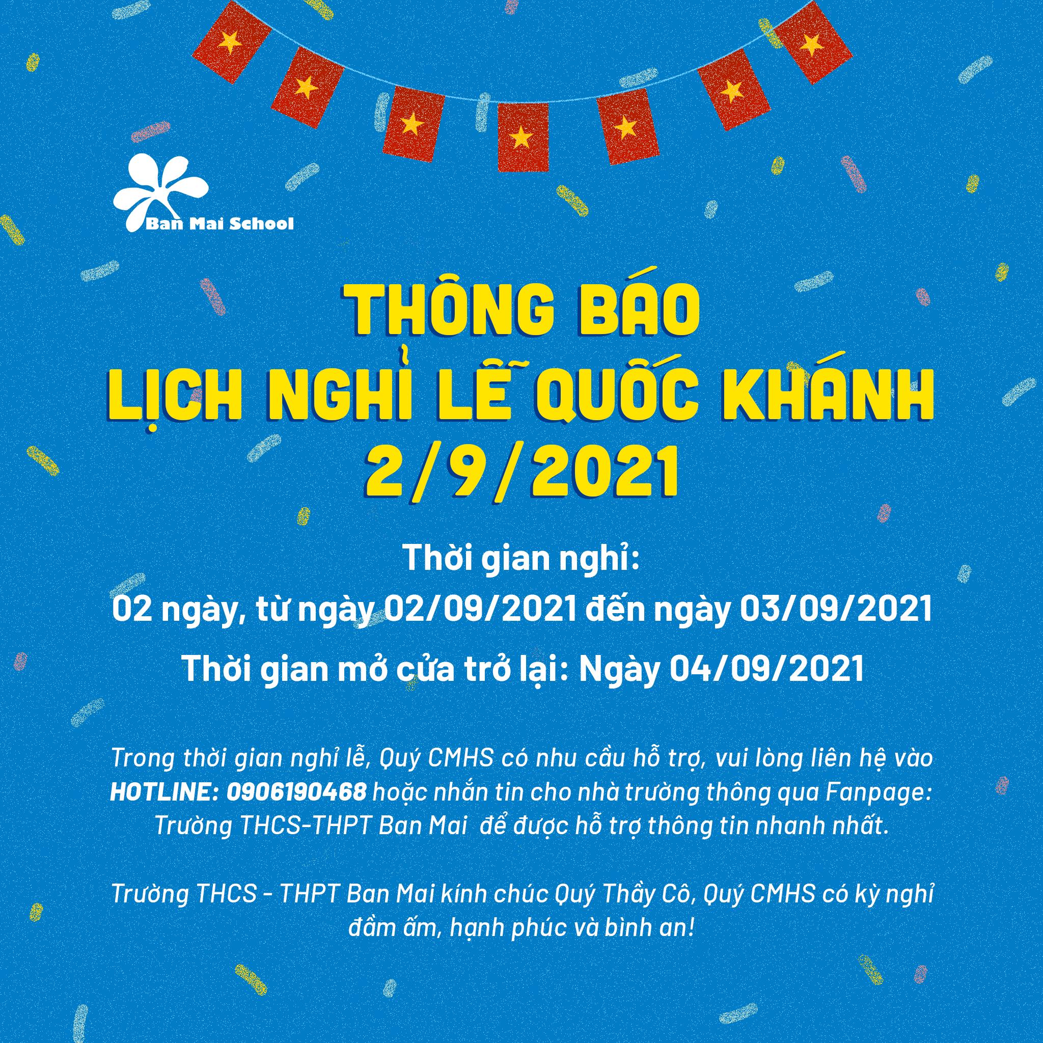 Thông báo lịch nghỉ lễ 02/09