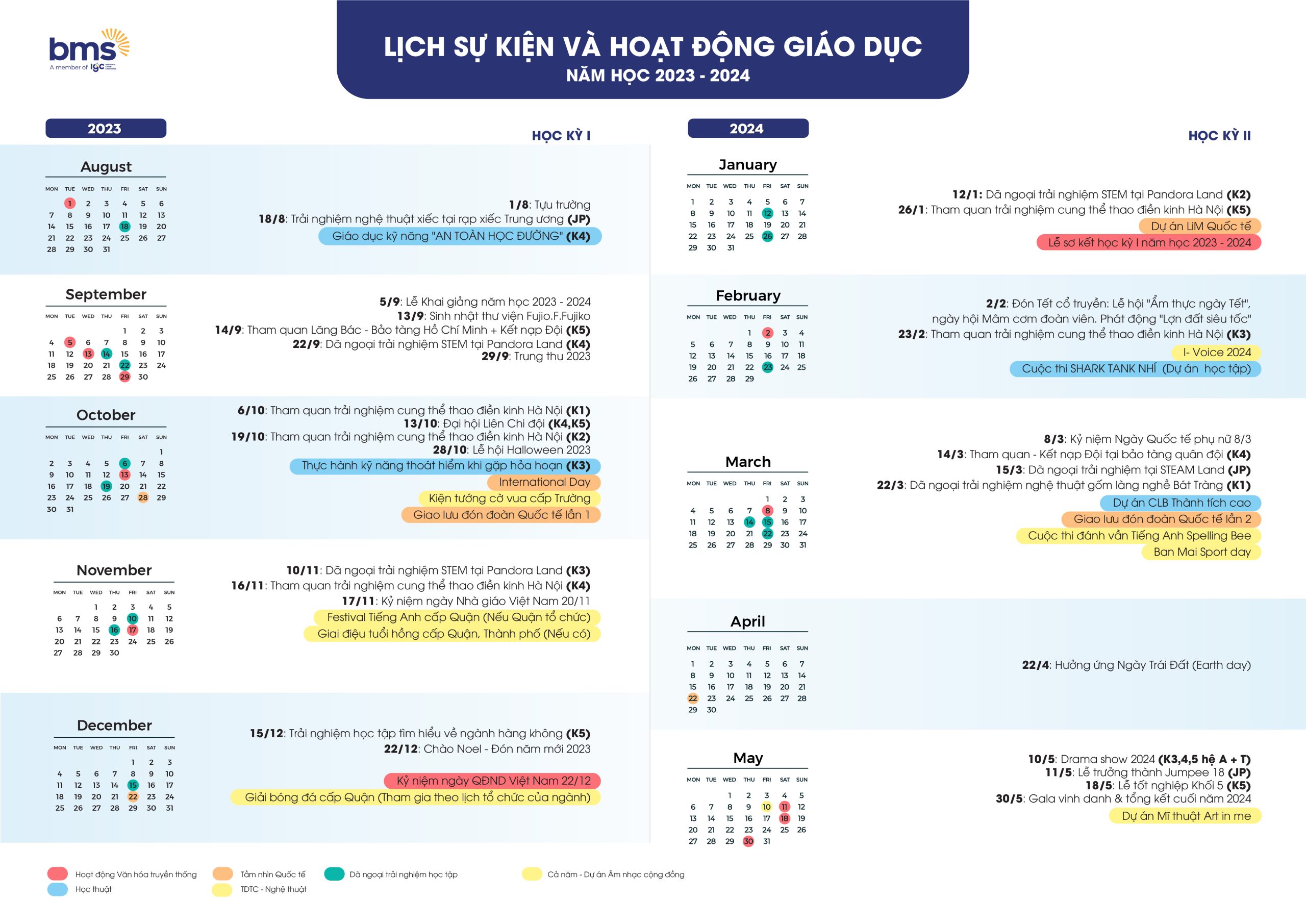 LỊCH SỰ KIỆN NĂM HỌC TRƯỜNG TIỂU HỌC BAN MAI NĂM HỌC 2023-2024